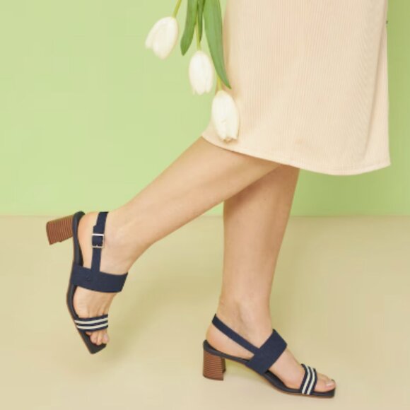 Vivaia 'Luna' Square-Toe Block Heel Sandals in Navy Blue & White Size 38 - Picture 1 of 10